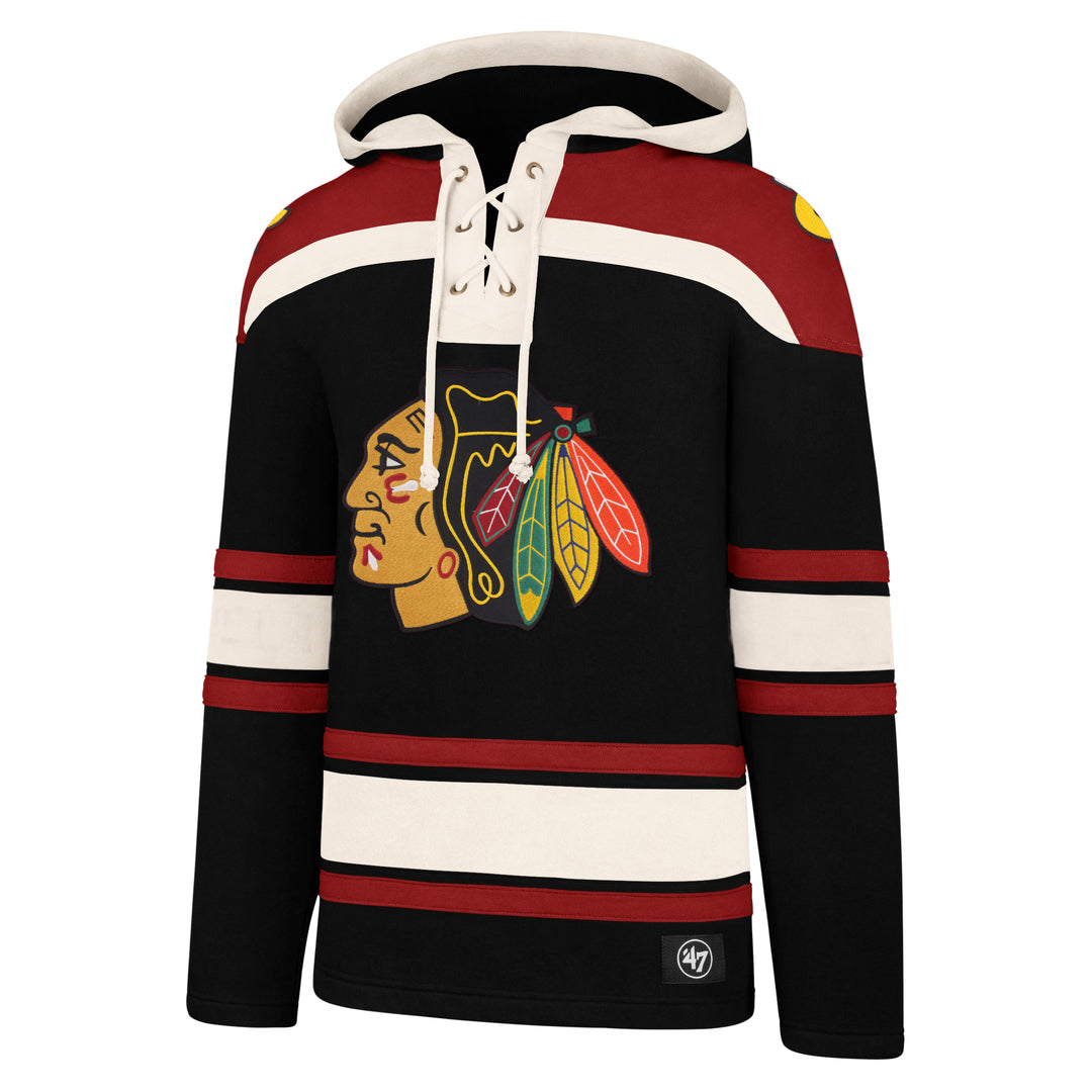 A black hoodie with the Chicago Blackhawks logo in white and red on the front.