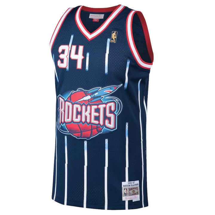 Houston Rockets Mitchell & Ness Hakeem Olajuwon #34 Navy Hardwood Classics Swingman 1996-97 Jersey
