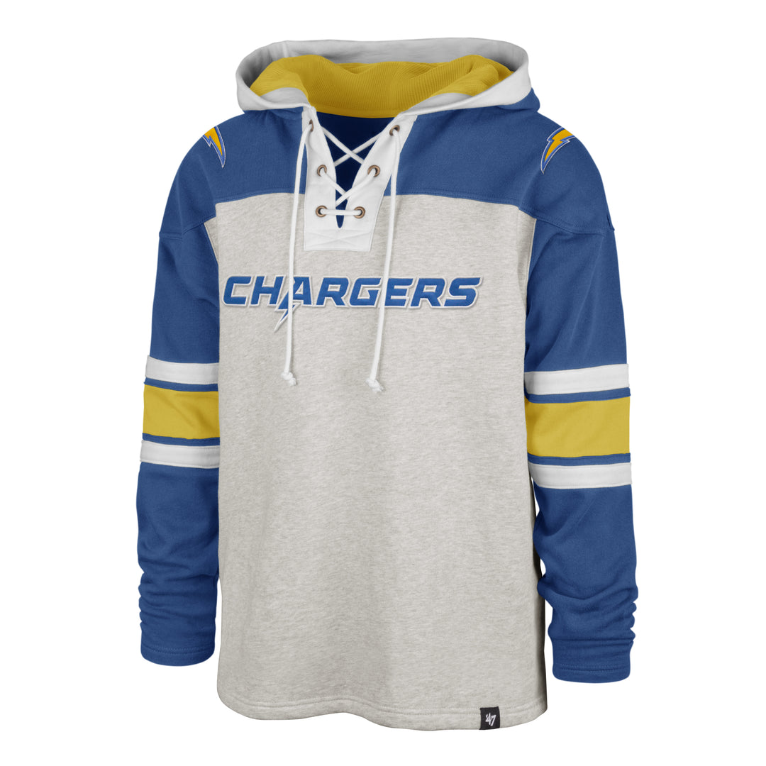 Los Angeles Chargers 47 Brand Heather Gray Gridiron Lace-Up Pullover Hoodie
