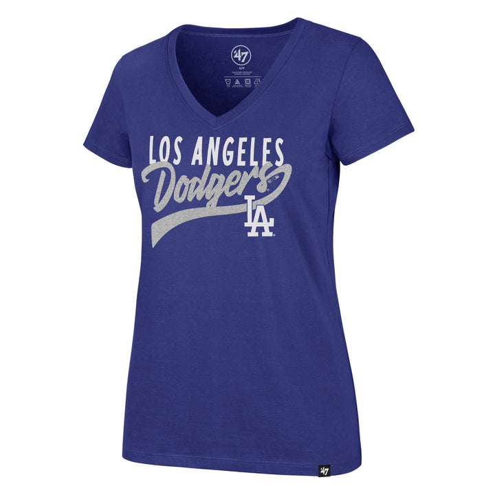 Los Angeles Dodgers Women's T-Shirt, 47 Brand Glitter Rush V-Neck Tee, Royal Blue