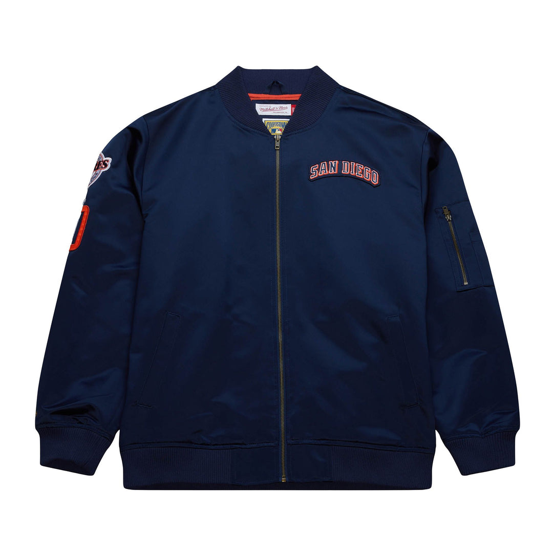 San Diego Padres Mitchell & Ness Men's Navy Lightweight Satin Vintage Logo Full-Zip Bomber Jacket