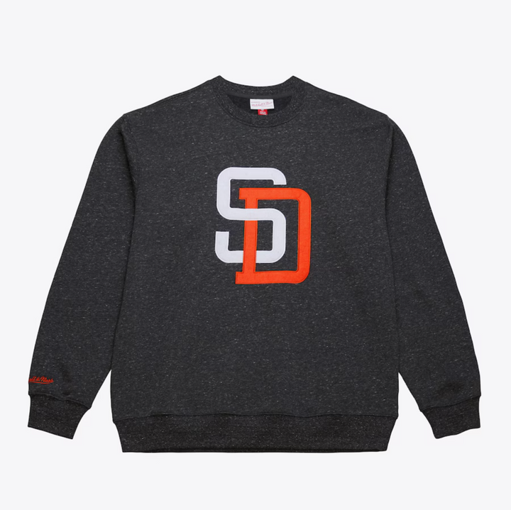 San Diego Padres Mitchell & Ness MLB Black Out Snow Washed Fleece Crew Vintage Logo Padres