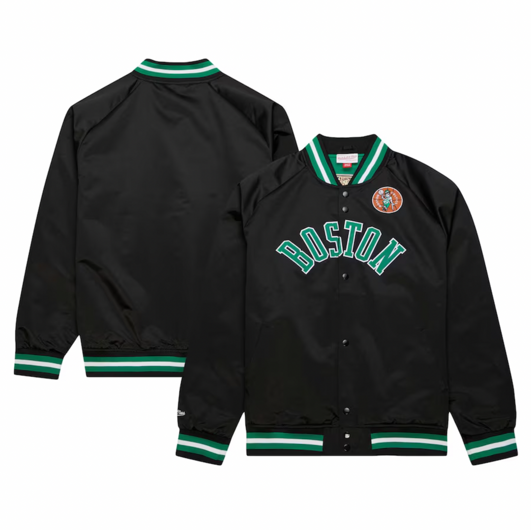 Boston Celtics Mitchell & Ness Men's Black Hardwood Classics Wordmark Lightweight Satin Raglan Jacket