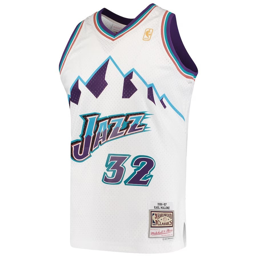 Utah Jazz Mitchell & Ness Karl Malone #32 White Hardwood Classics Swingman 1996-97 Jersey