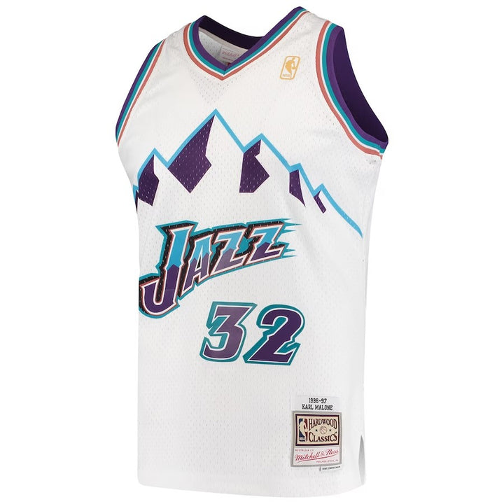Utah Jazz Mitchell & Ness Karl Malone #32 White Hardwood Classics Swingman 1996-97 Jersey