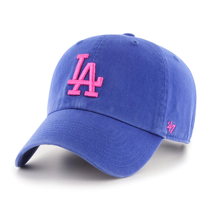 Royal blue cap with pink LA embroidery front view