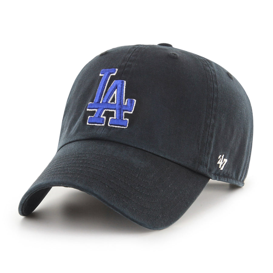 Black cap with royal and white LA embroidery, no loop label front view
