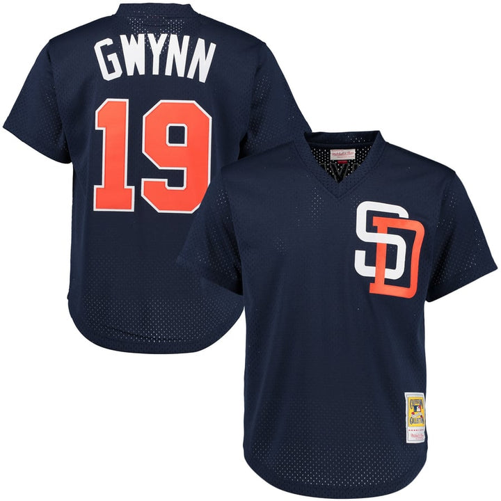 Tony Gwynn San Diego Padres Mitchell & Ness 1996 navy batting practice jersey, front and back
