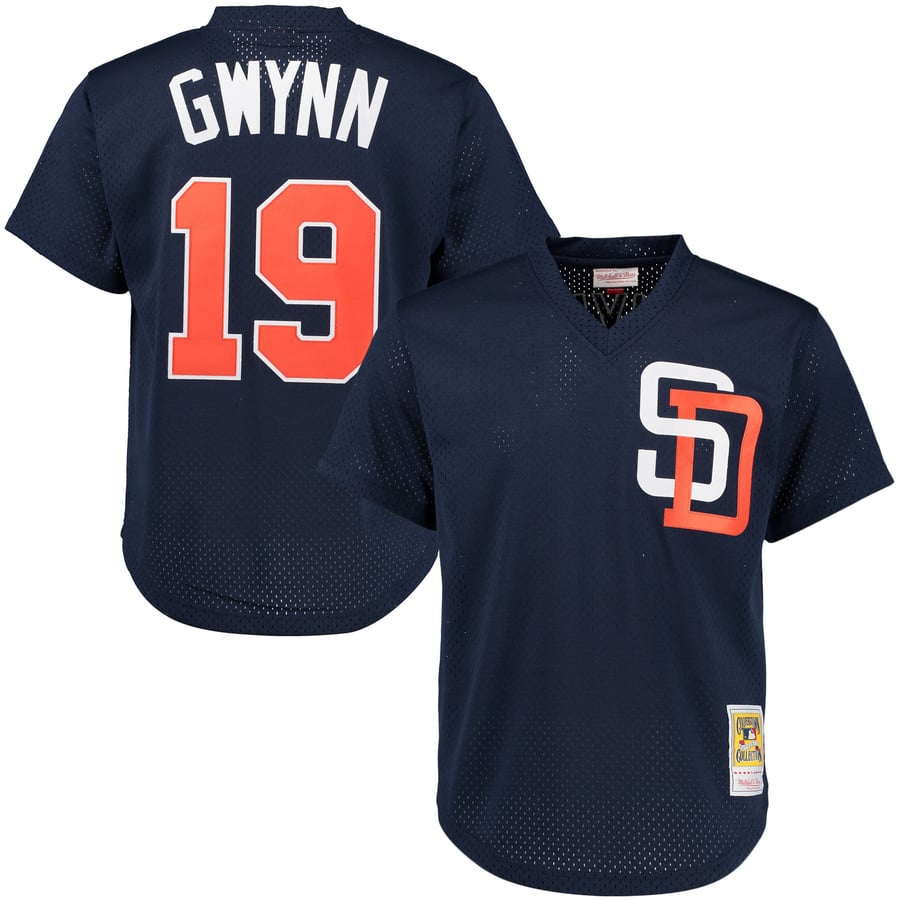 Tony Gwynn San Diego Padres Mitchell & Ness 1996 navy batting practice jersey, front and back