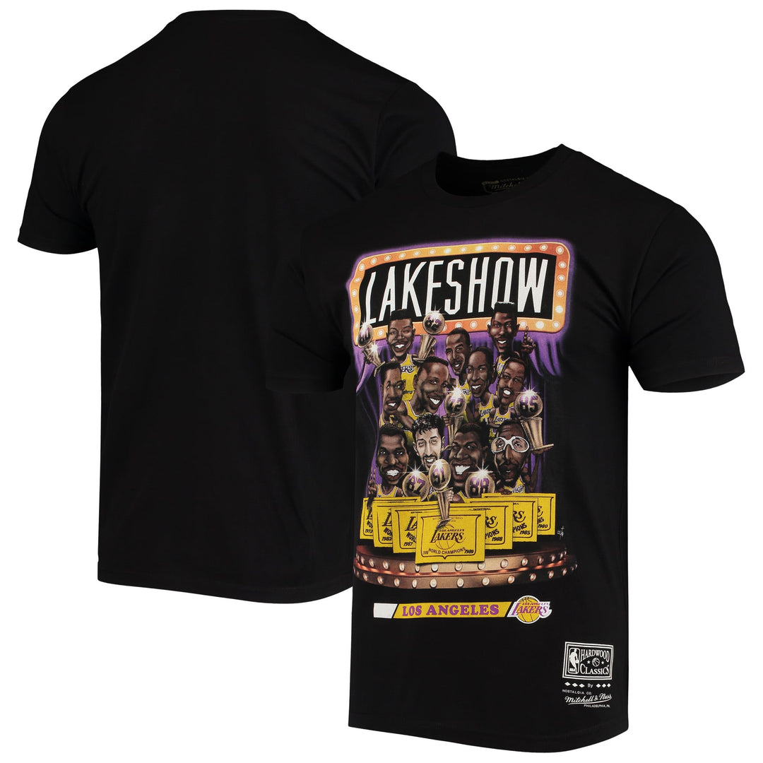 Los Angeles Lakers Mitchell & Ness black Lake Show T-shirt, front graphic and back views