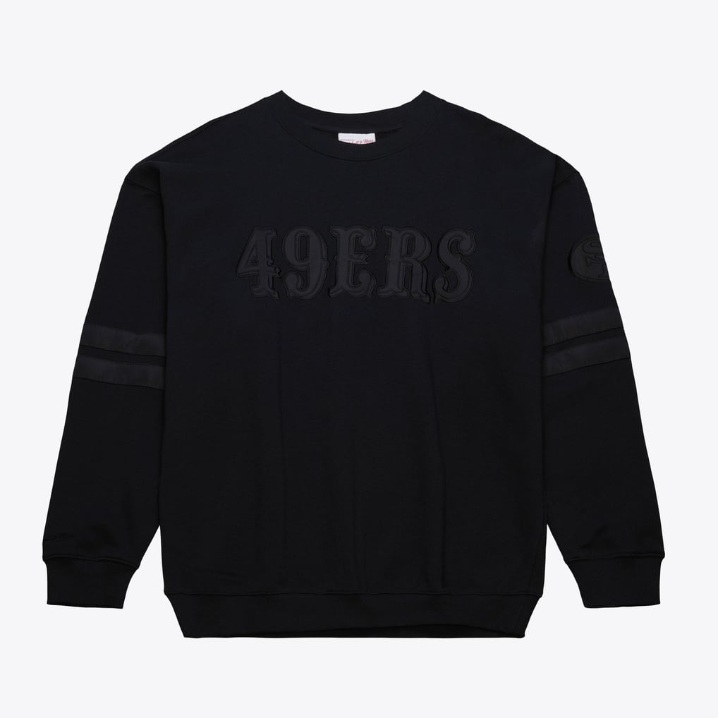 San Francisco 49ers Mitchell & Ness Satin Stripes Vintage Fleece Pullover Sweatshirt, black, front view
