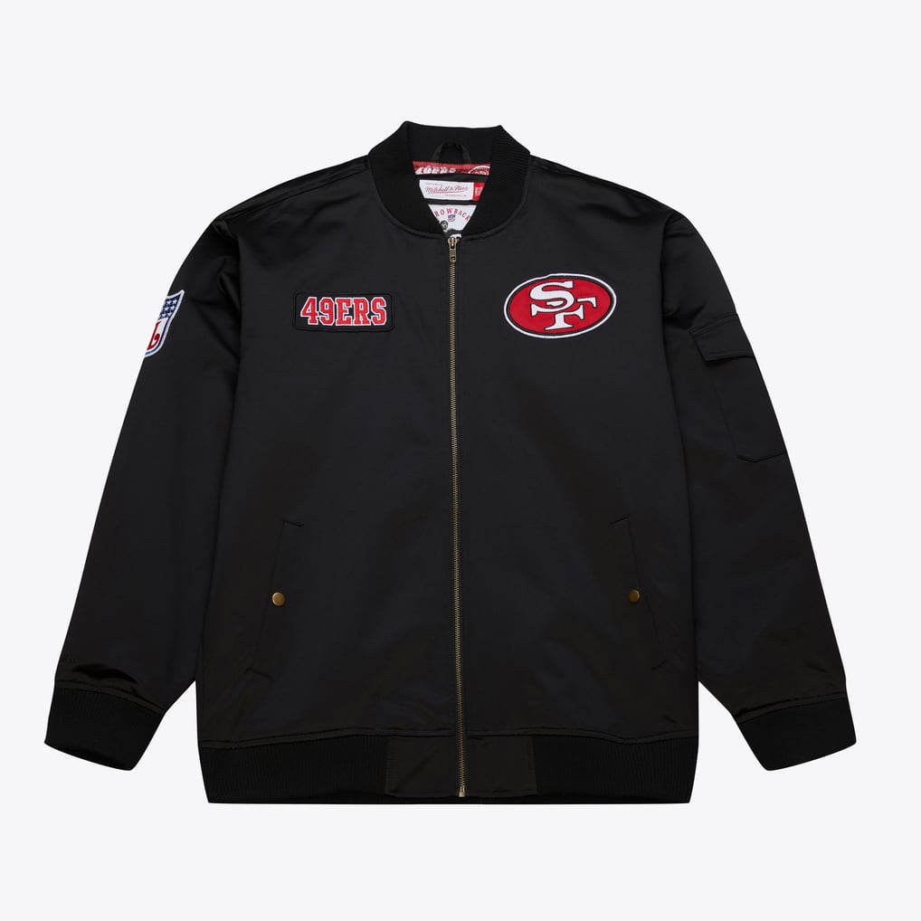 San Francisco 49ers Mitchell & Ness Team Leader Satin Bomber Jacket, black, front product photo