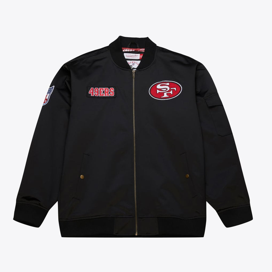 San Francisco 49ers Mitchell & Ness Team Leader Satin Bomber Jacket, black, front product photo