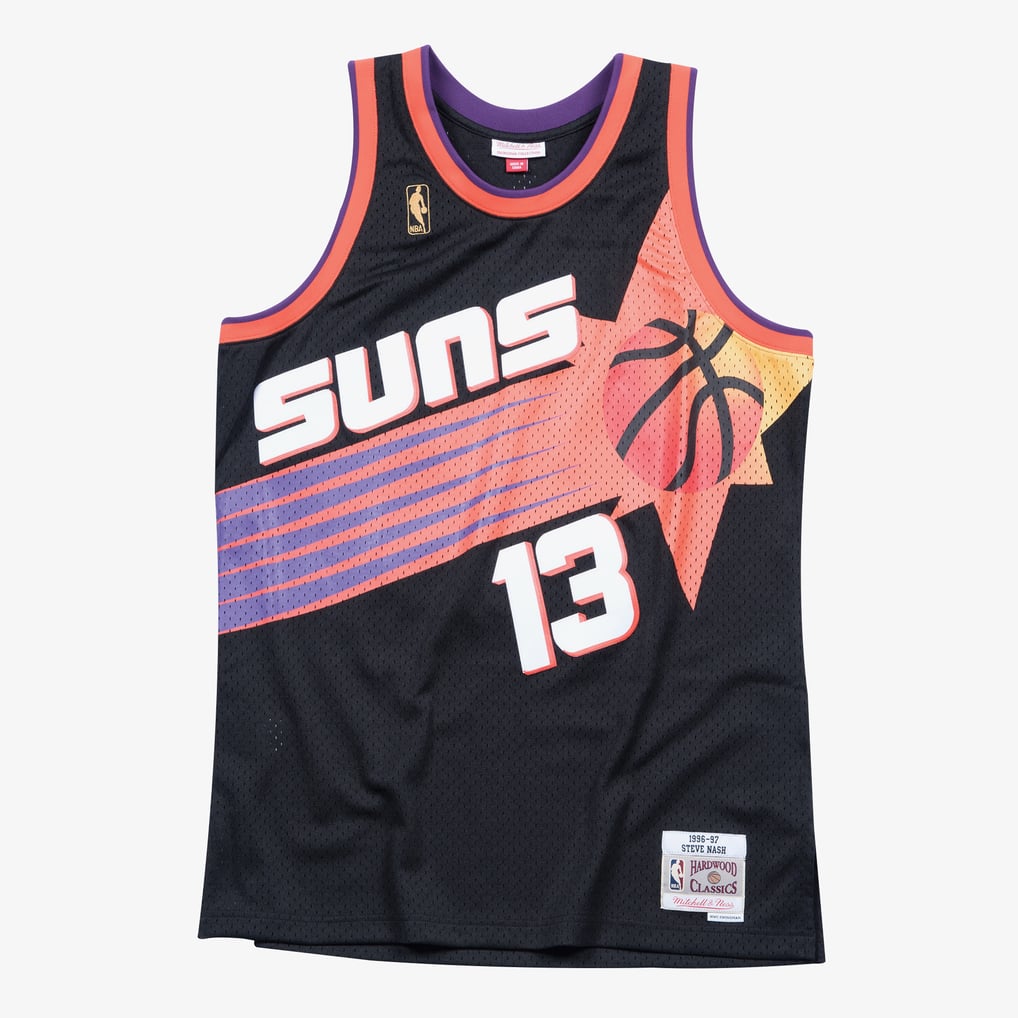 Phoenix Suns Mitchell & Ness Steve Nash 1996-97 black Swingman basketball jersey, front product photo