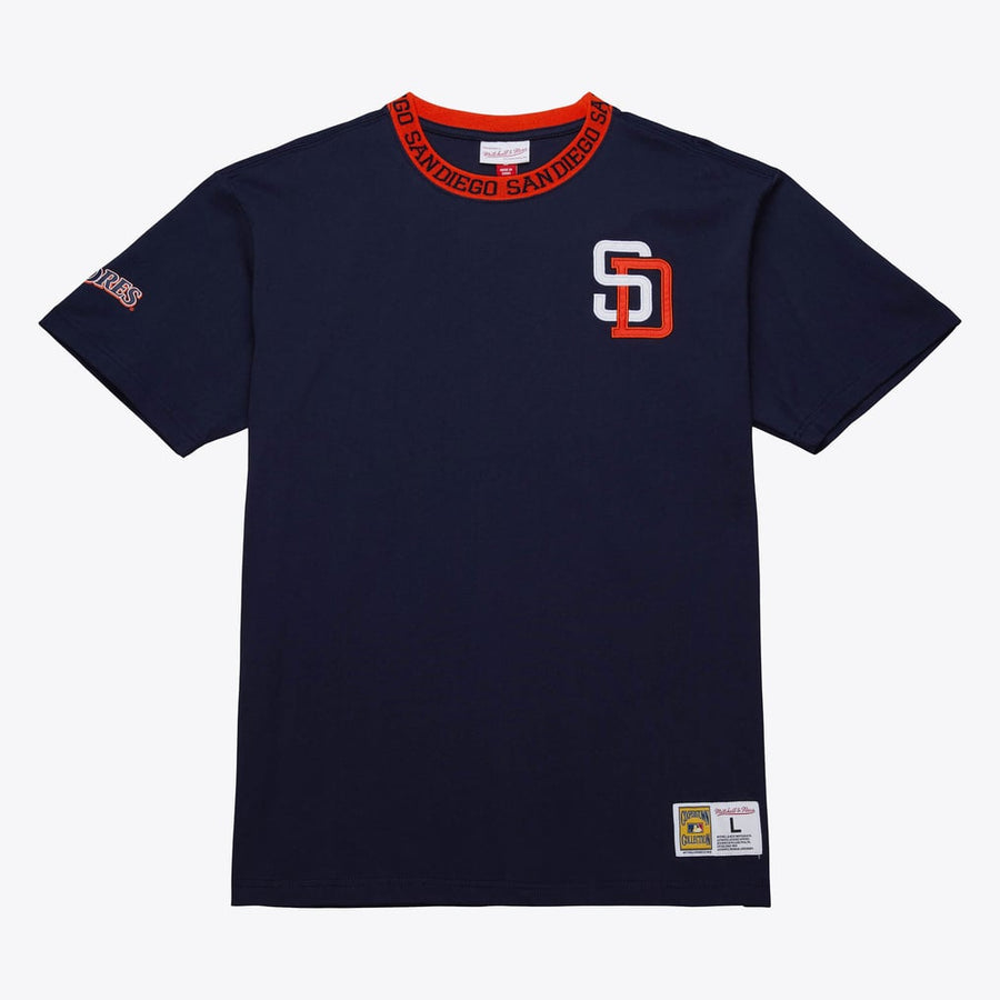 San Diego Padres Mitchell & Ness Jacquard Ringer Vintage Logo T-shirt, navy, front product photo