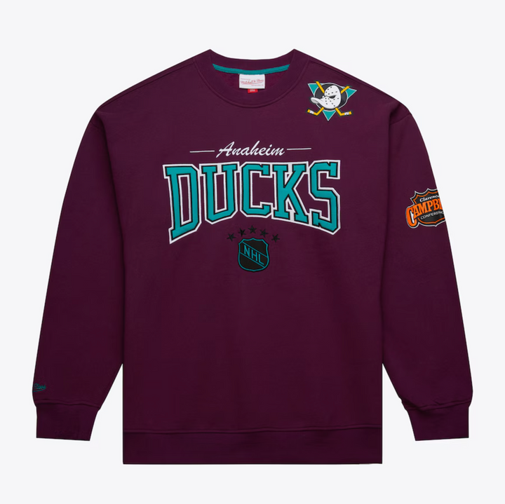 Men's Maroon Anaheim Ducks Mitchell & Ness There & Back 2.0 Vintage Logo Fleece Crewneck Pullover