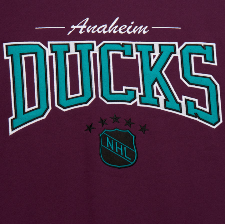 Men's Maroon Anaheim Ducks Mitchell & Ness There & Back 2.0 Vintage Logo Fleece Crewneck Pullover