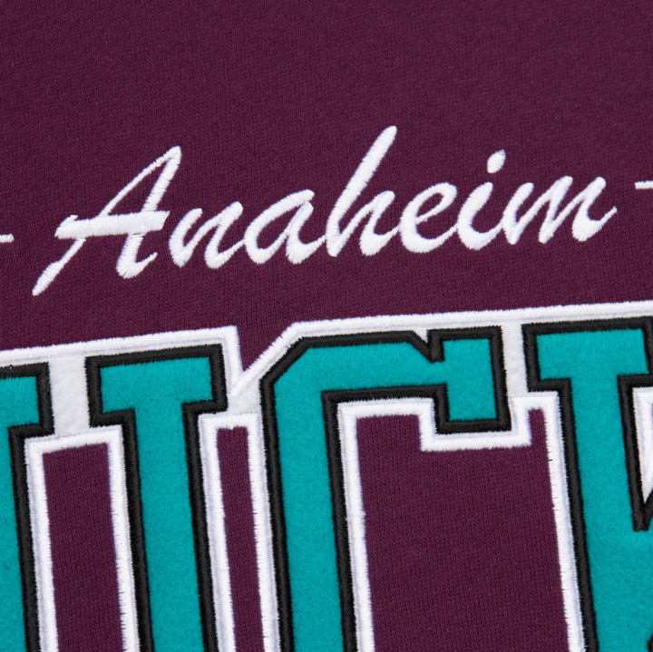 Men's Maroon Anaheim Ducks Mitchell & Ness There & Back 2.0 Vintage Logo Fleece Crewneck Pullover