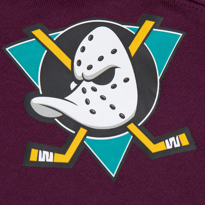 Men's Maroon Anaheim Ducks Mitchell & Ness There & Back 2.0 Vintage Logo Fleece Crewneck Pullover
