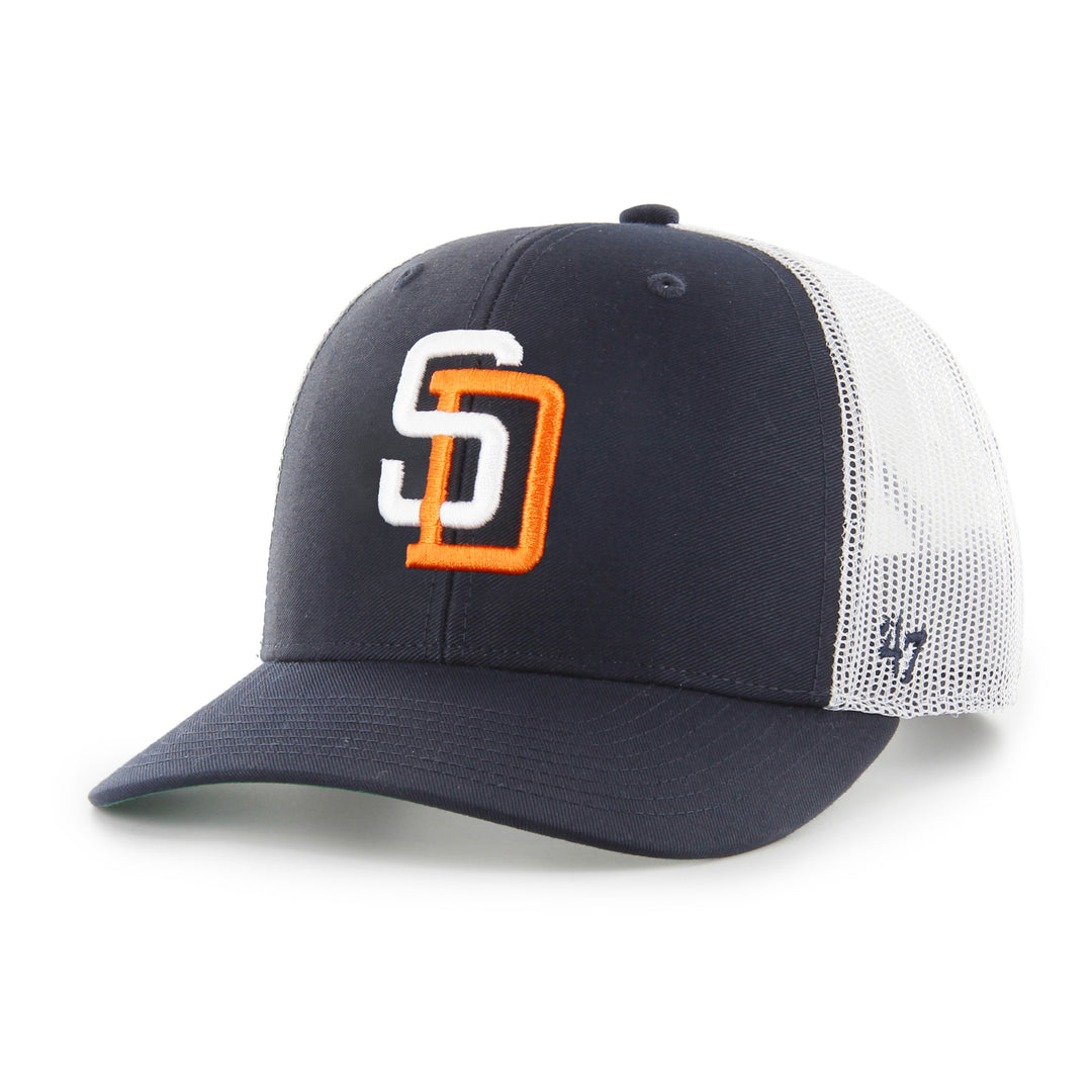 San Diego Padres 47 Brand Cooperstown Trucker Hat — Navy/White/Orange — front