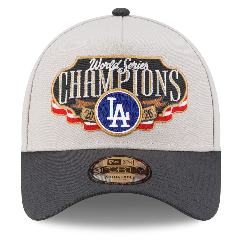 Los Angeles Dodgers New Era 2025 World Series Champions Locker Room A-Frame 9FORTY Adjustable Hat - Cream/Charcoal