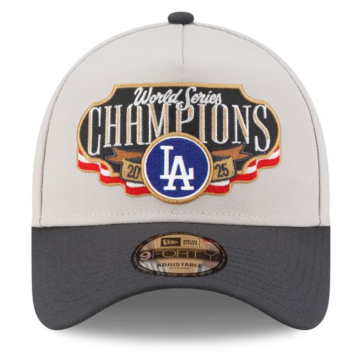 Los Angeles Dodgers New Era 2025 World Series Champions Locker Room A-Frame 9FORTY Adjustable Hat - Cream/Charcoal