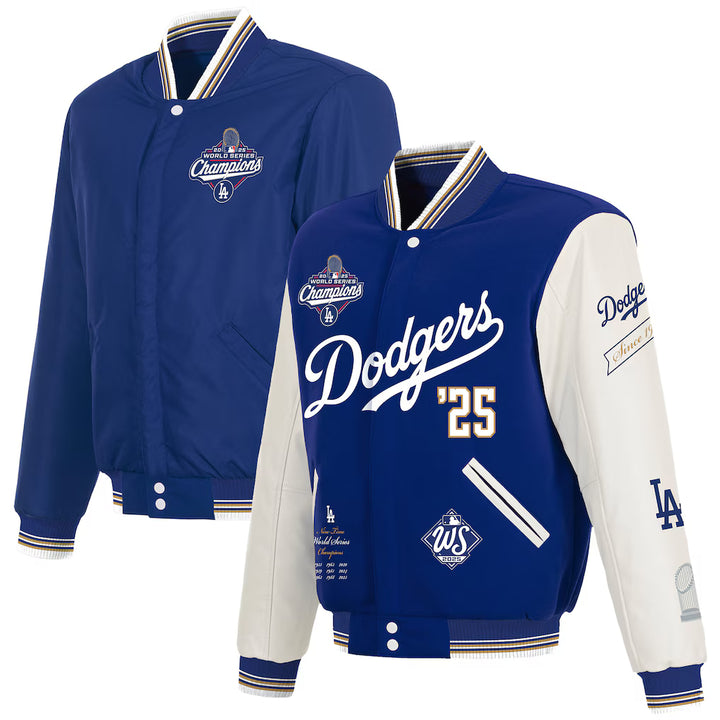 Los Angeles Dodgers JH Design 2025 World Series Champions Reversible Varsity Full-Snap Jacket - Royal/White