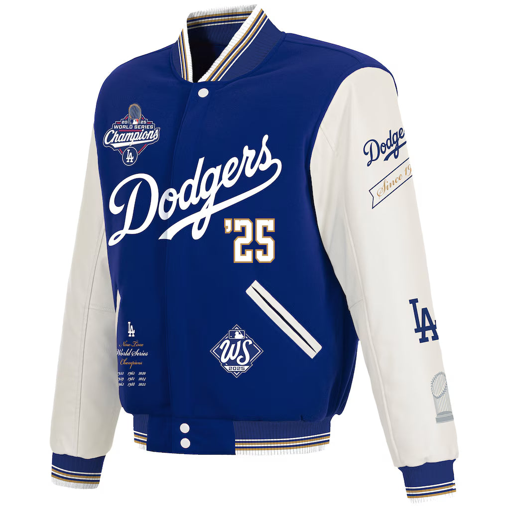 Los Angeles Dodgers JH Design 2025 World Series Champions Reversible Varsity Full-Snap Jacket - Royal/White